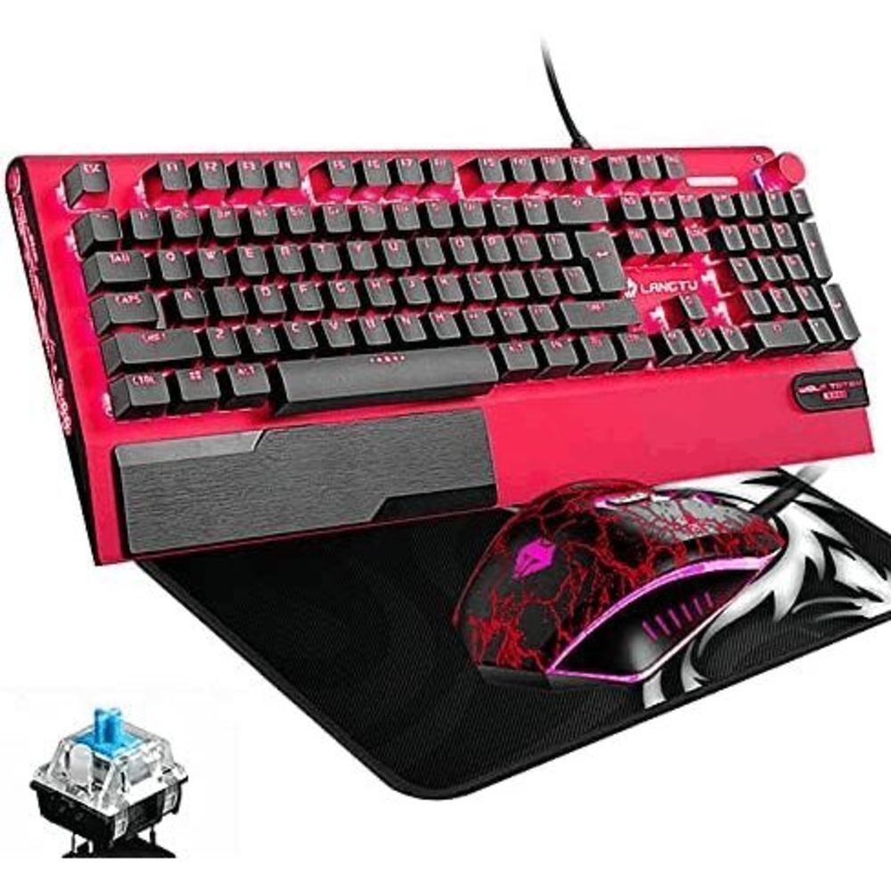 LED Multimedia Knob Mechanical Keyboard with Mouse & Mouse Pads Red/Red Backlit